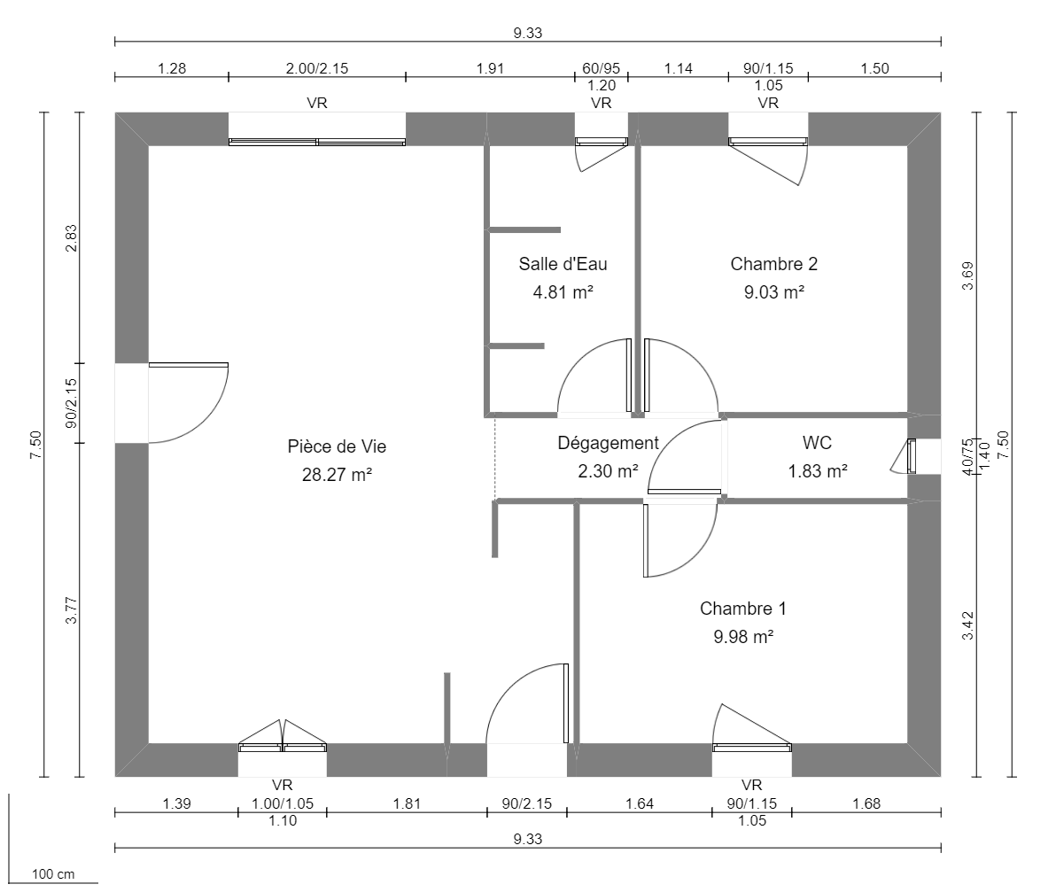 Modèle de Maison AGATE, 3 pièces de 56m² - Plan du RdC