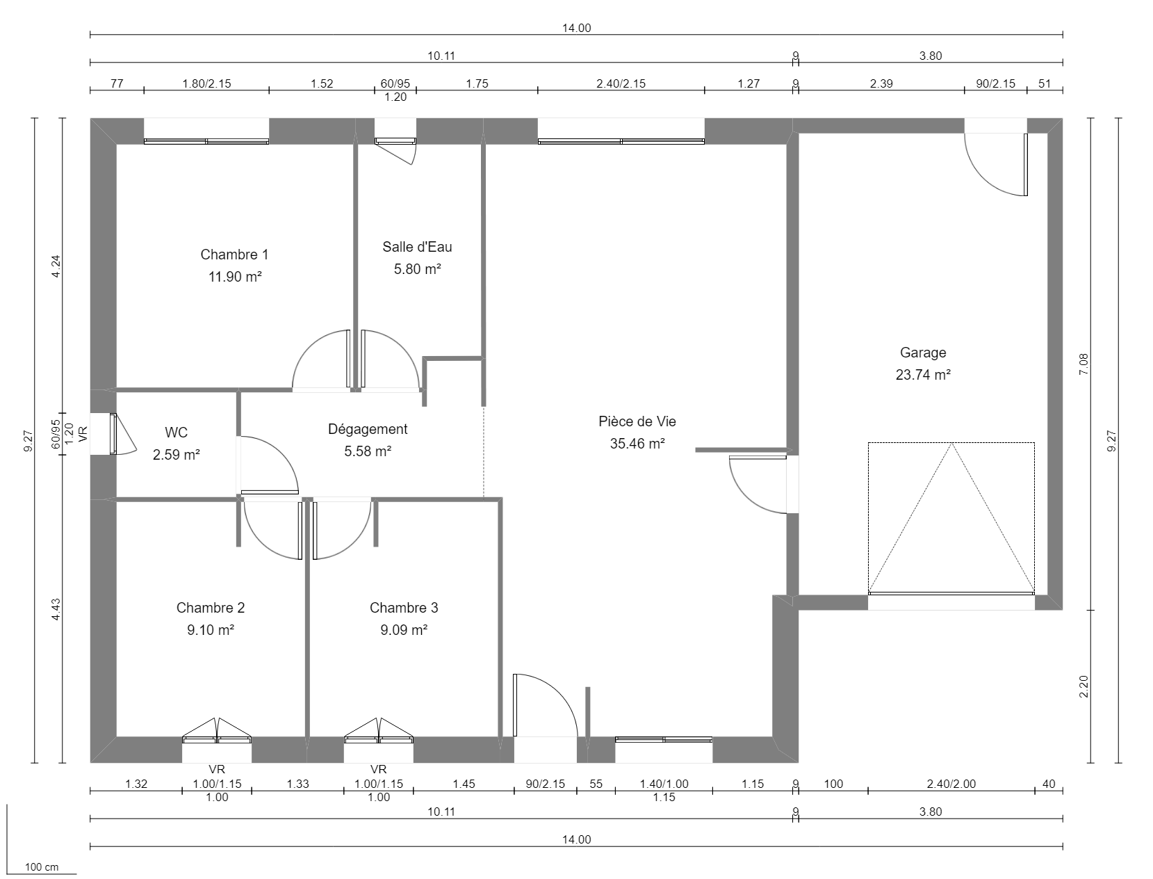 Modèle de Maison CRISTAL, 4 pièces de 79m² - Plan du RdC