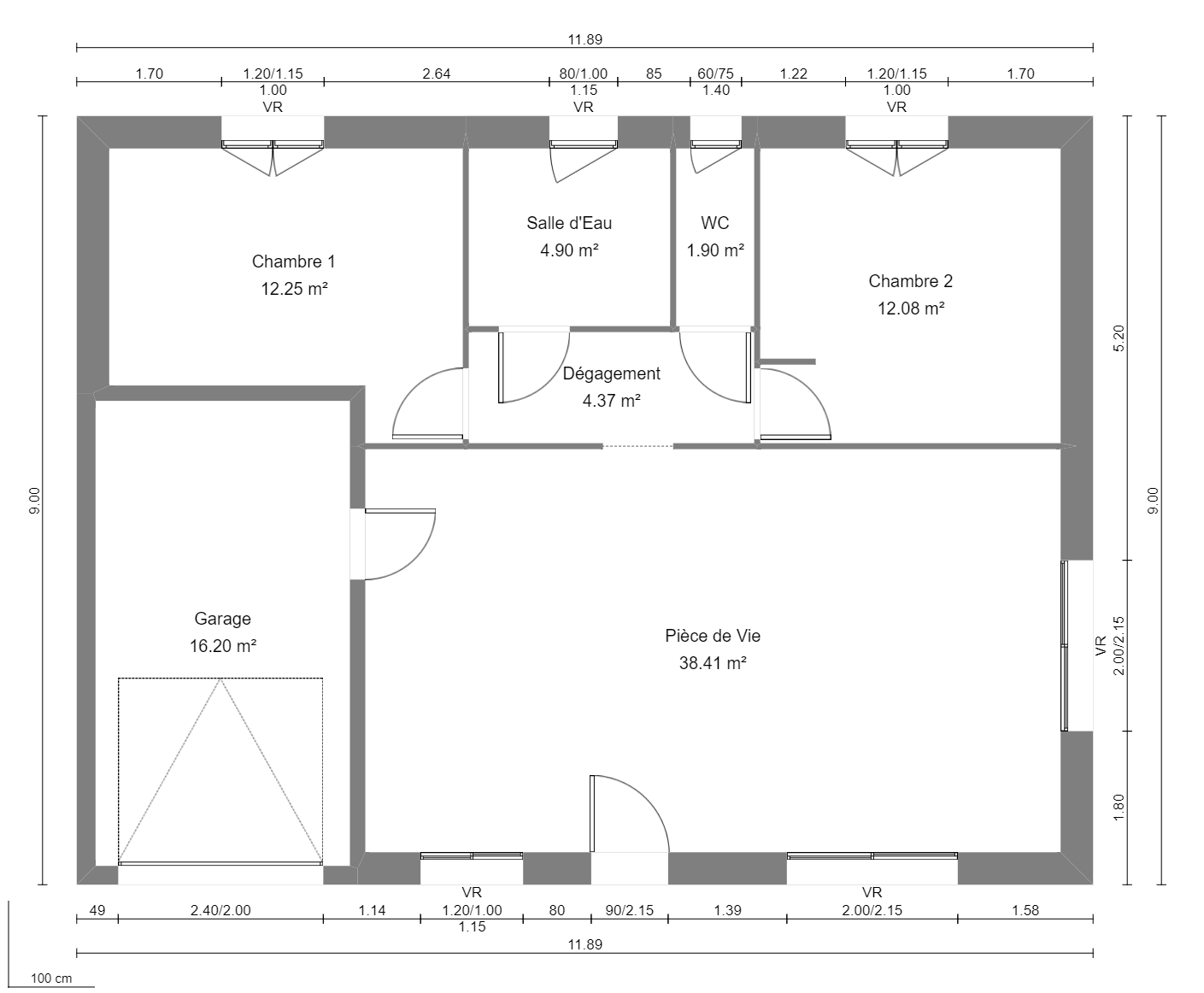 Modèle de Maison AZURITE, 3 pièces de 74m² - Plan du RdC